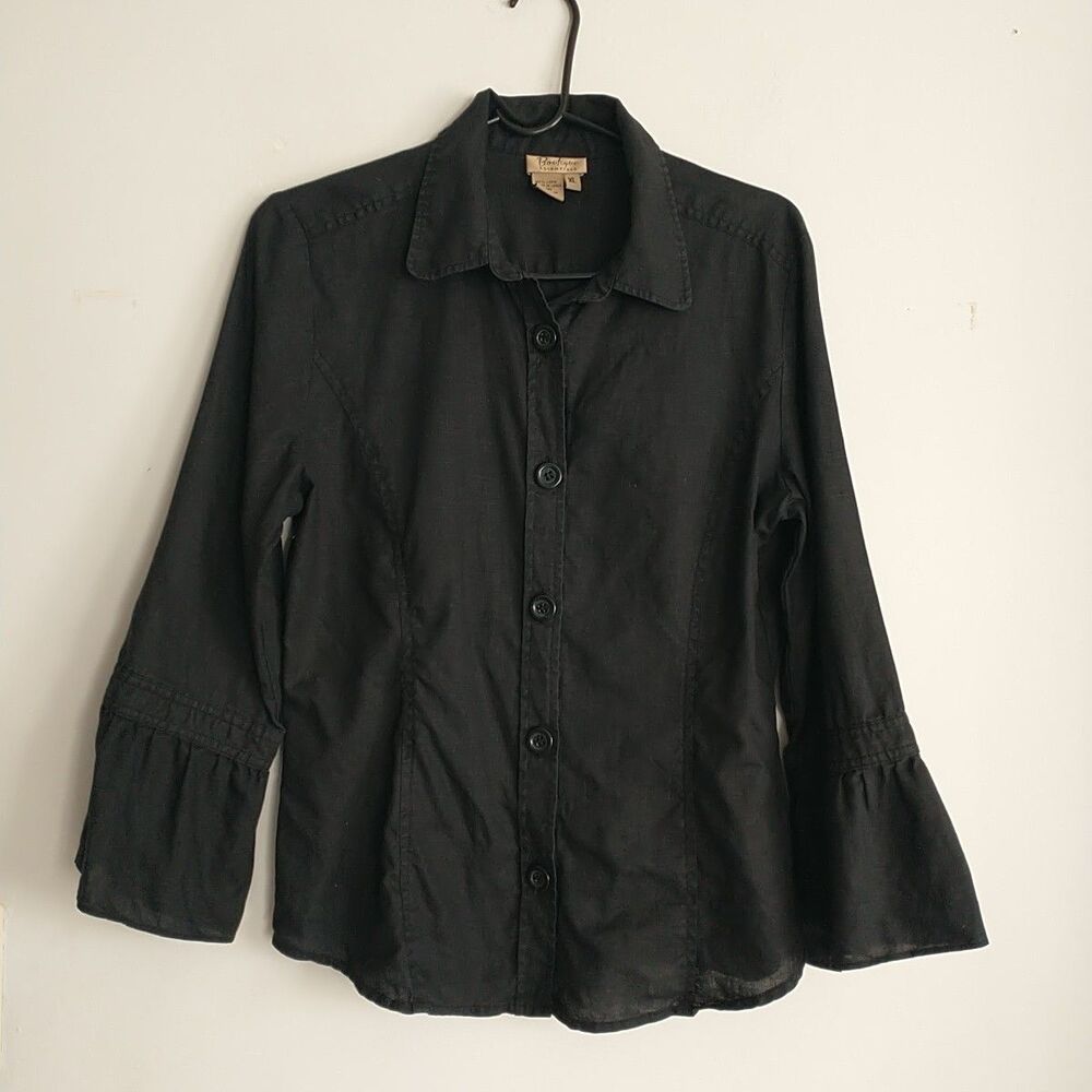 Boutique Essentials Shirt Blouse Womens XL/M*Black 100%Linen Flare Sleeve Boho